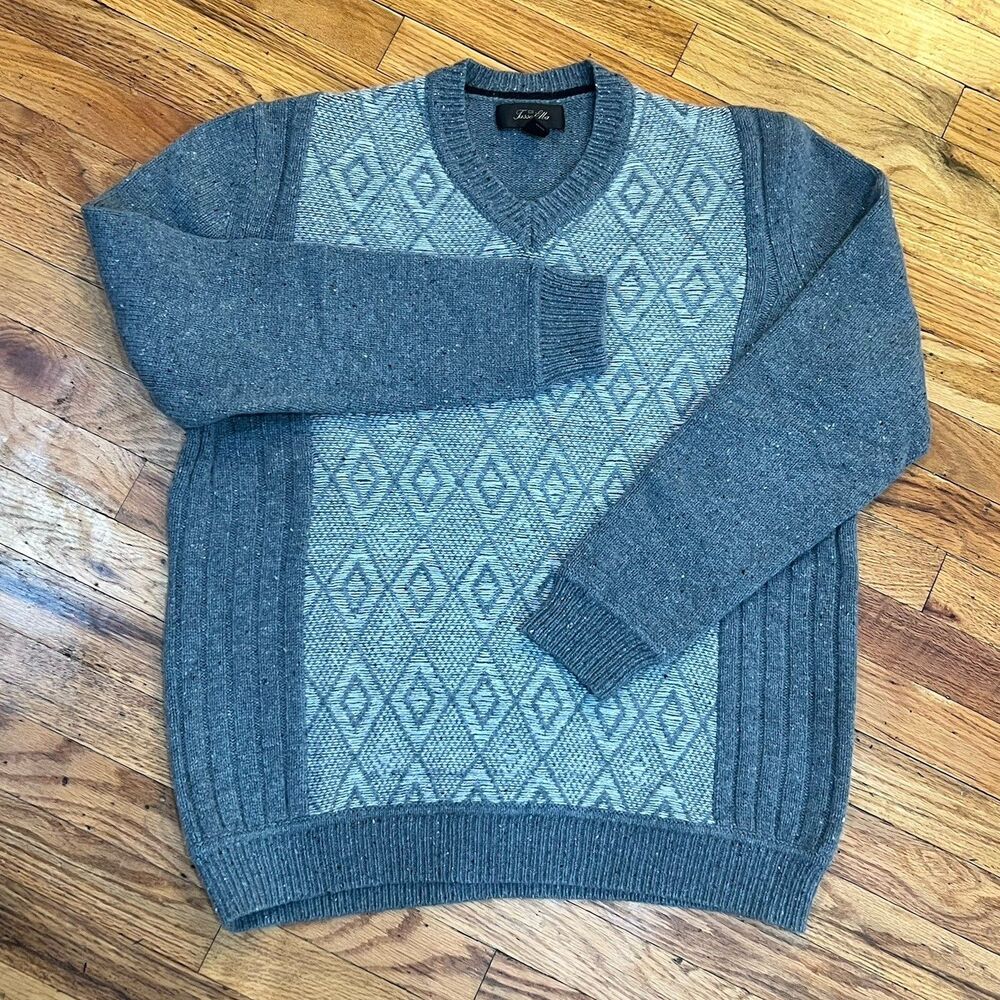 Tasso Elba Sweater Mens L Large Gray Wool Cashmere Blend Geometric Knit V-Neck